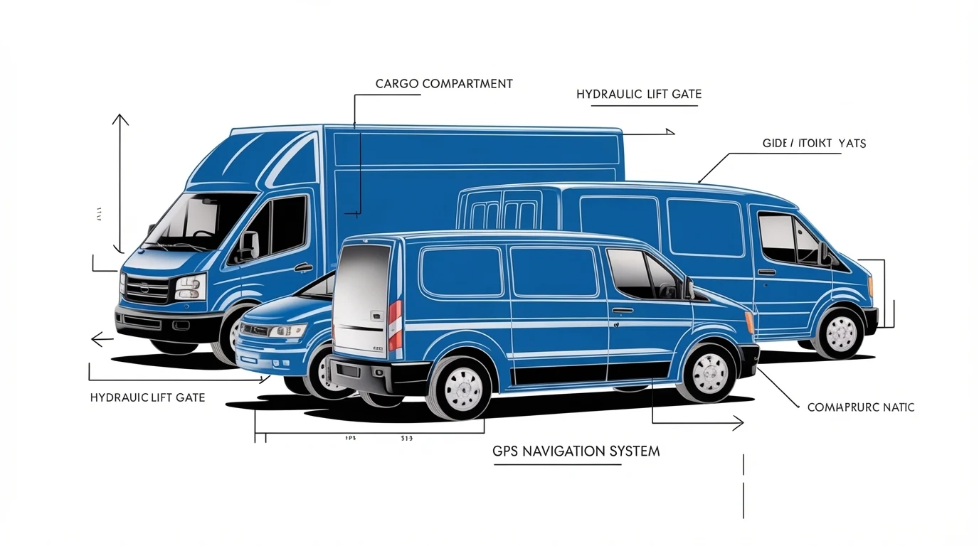 Illustration of blue delivery vans with callout lines